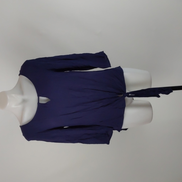 Jeanswest Top Size 8 Navy Blue 3/4 Sleeves Round Neck Tie-up Front Hi-Low Hem - Picture 2 of 14